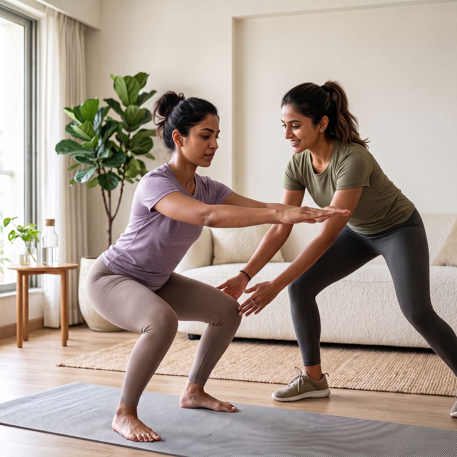 A bodyweight exercise being guided at home