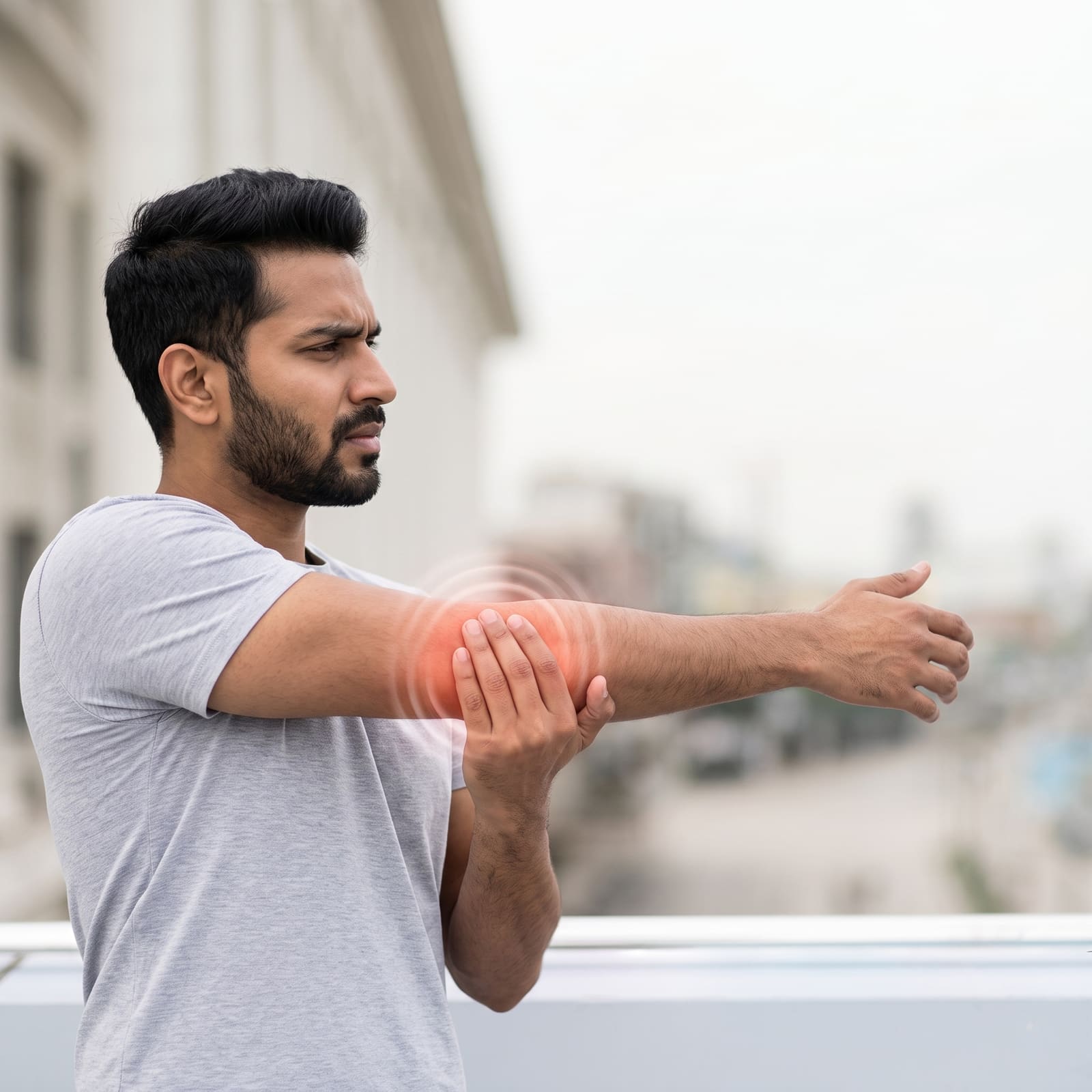 A physiotherapist treating an elbow during an at-home session