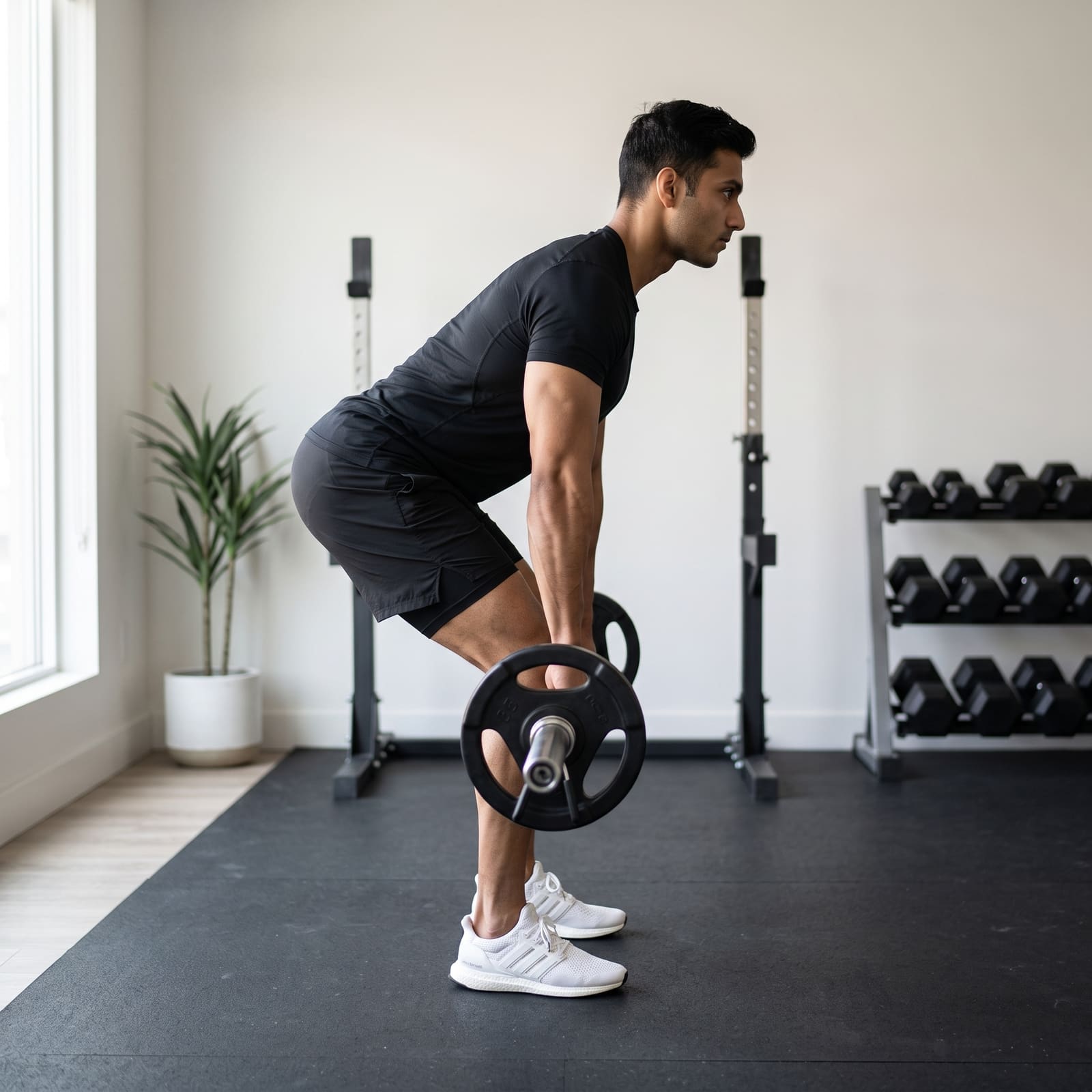A trainer checking lifting form during an at-home session