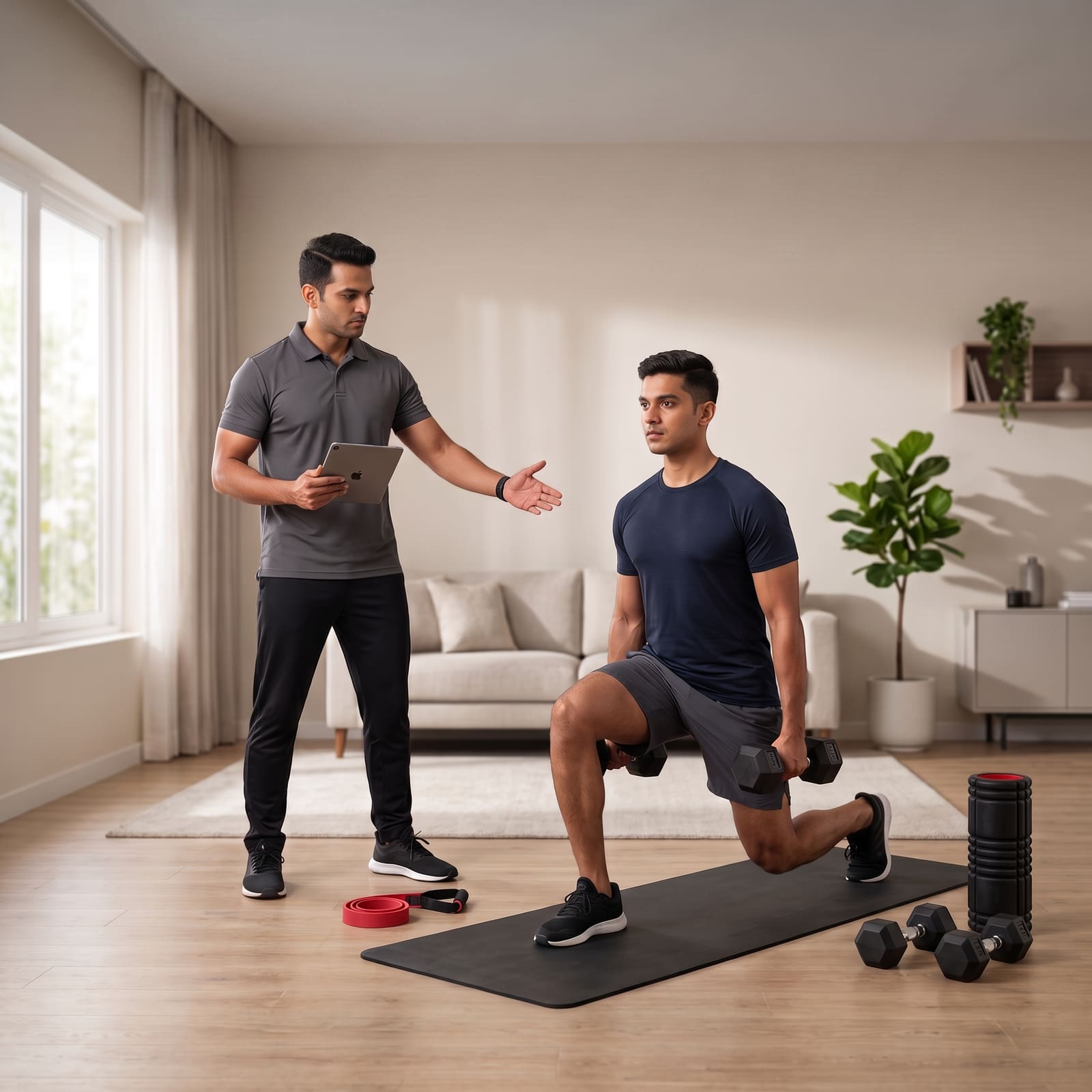 A trainer planning a routine around home gym equipment