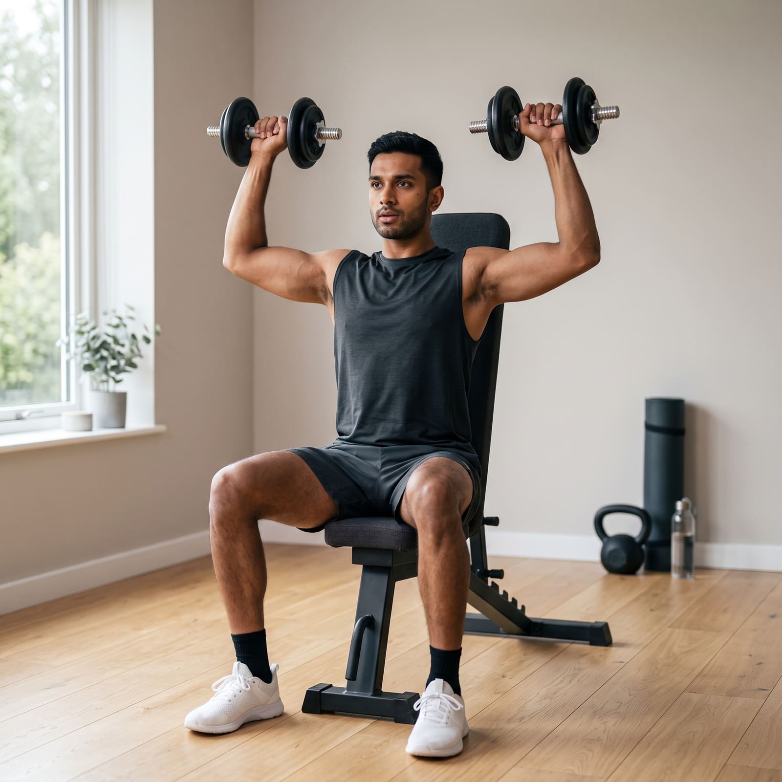 A strength session being guided in a home gym