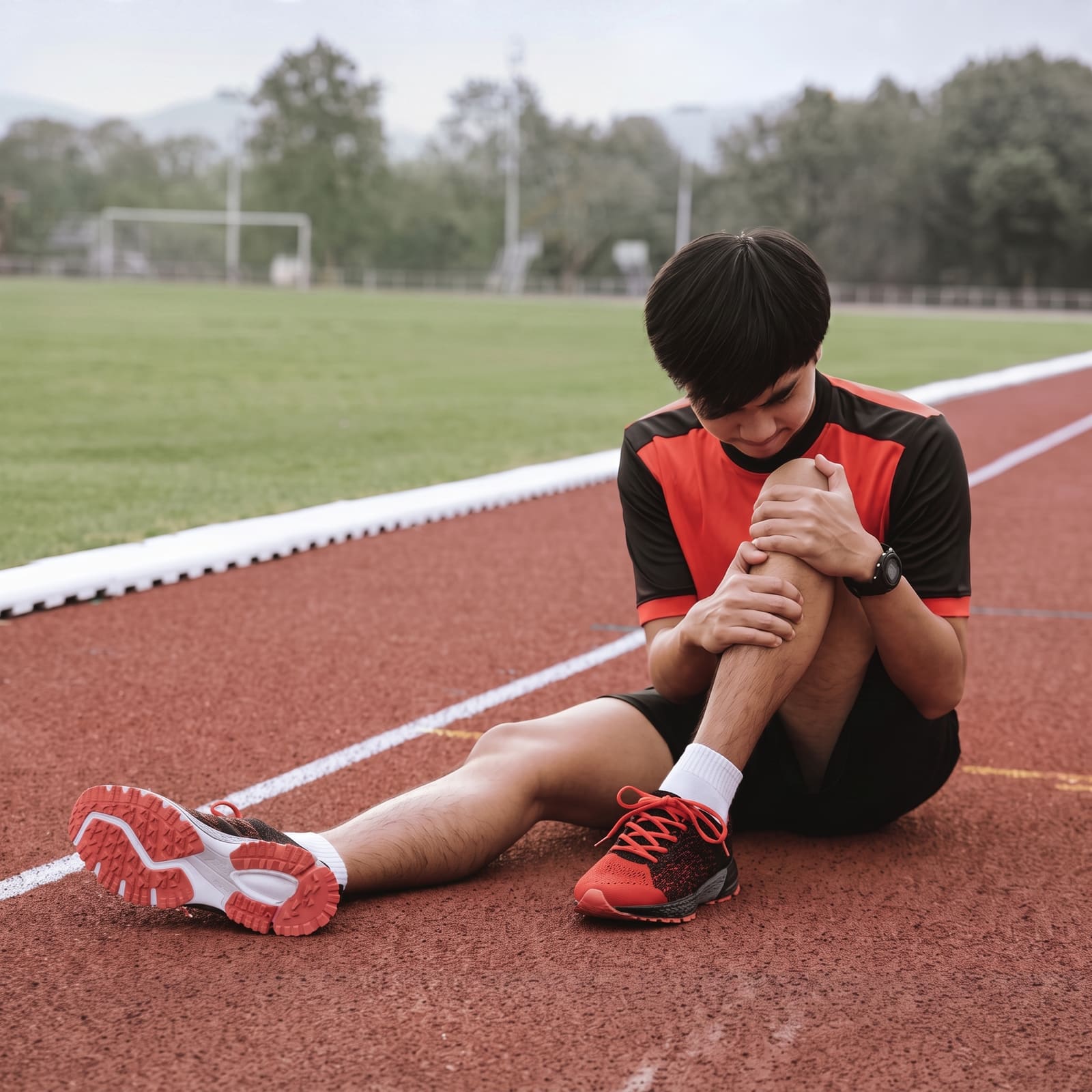 A physiotherapist assessing a sports injury at home