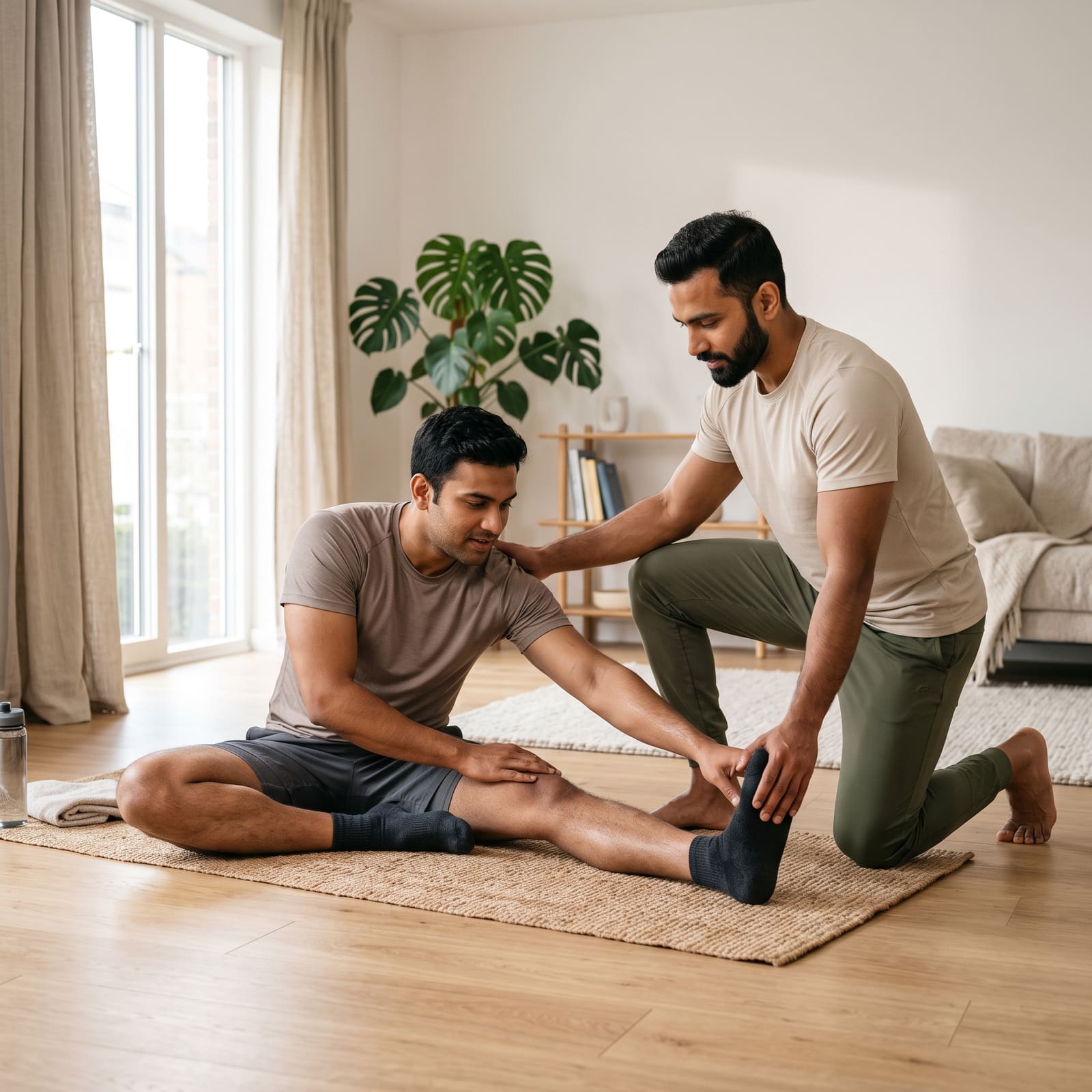 A guided stretch during an at-home session